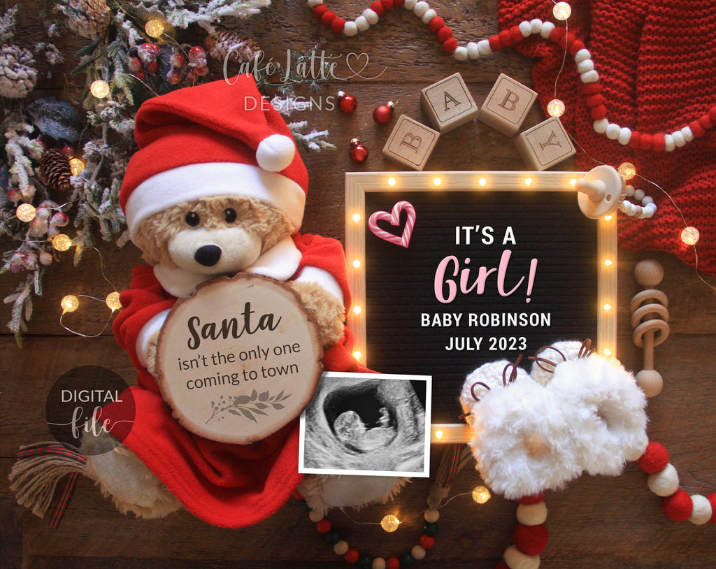 Digital Girl Christmas Gender Reveal Social Media, Santa Coming To Town December Pregnancy Baby Announcement, Its a Girl, Reason to be Merry