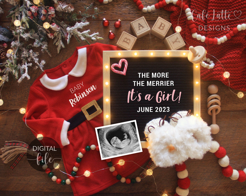Digital Girl Christmas Gender Reveal Social Media, Santa Coming To Town Pregnancy Baby Announcement, Its a Girl, Reason to be Merry December