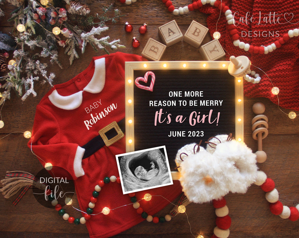 Digital Girl Christmas Gender Reveal Social Media, Santa Coming To Town Pregnancy Baby Announcement, Its a Girl, Reason to be Merry December
