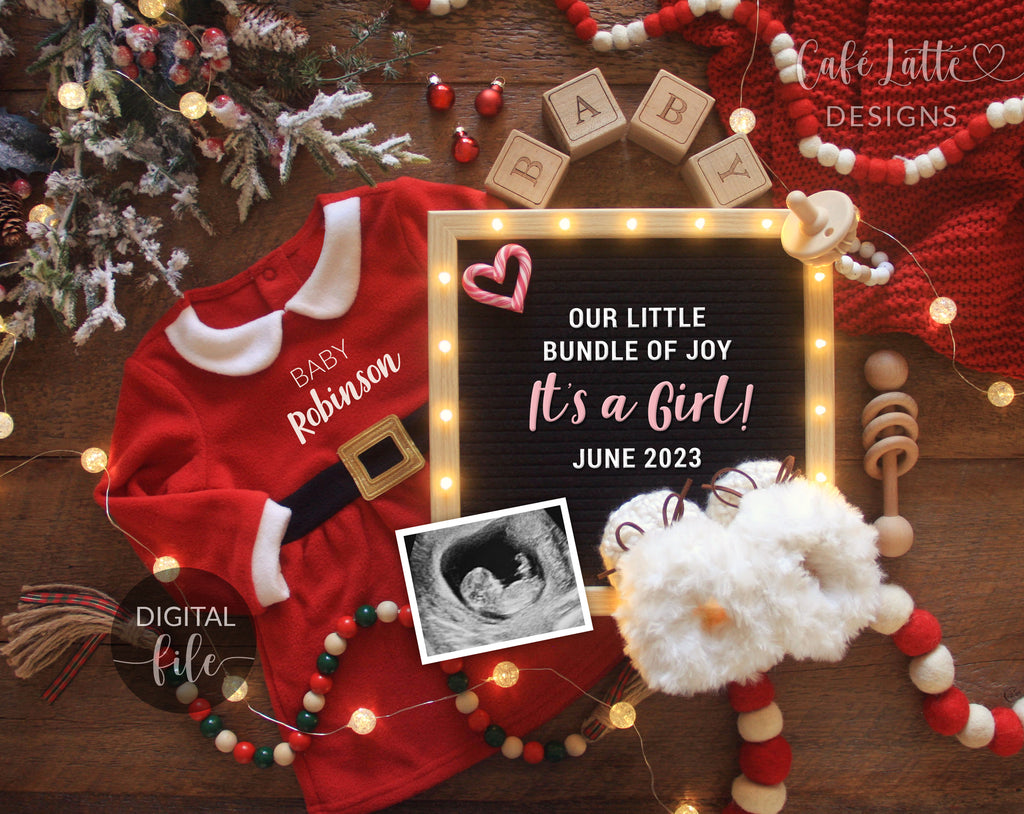 Digital Girl Christmas Gender Reveal Social Media, Santa Coming To Town Pregnancy Baby Announcement, Its a Girl, Reason to be Merry December