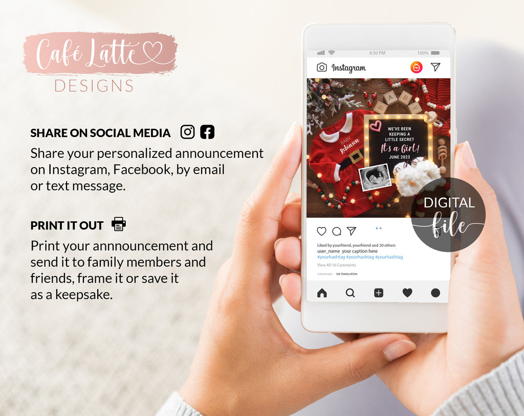 Digital Girl Christmas Gender Reveal Social Media, Santa Coming To Town Pregnancy Baby Announcement, Its a Girl, Reason to be Merry December