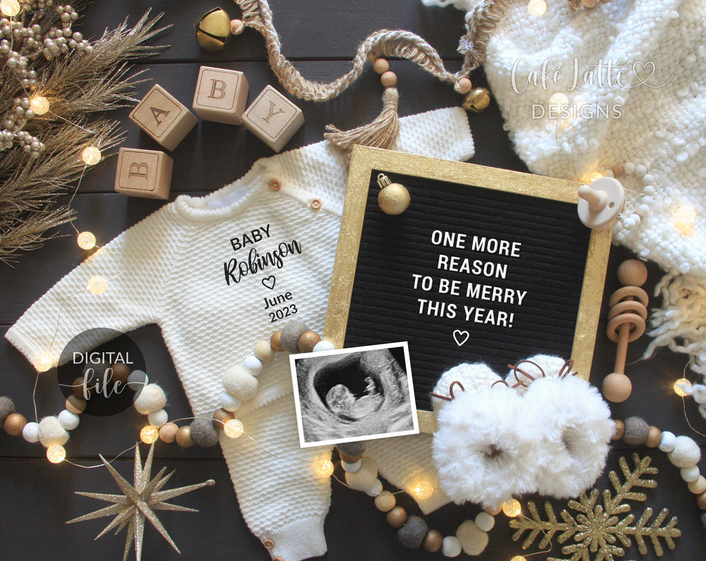 Digital Christmas Pregnancy Announcement Social Media, The More The Merrier, One More Reason to be Merry, Black Gold Winter December Baby