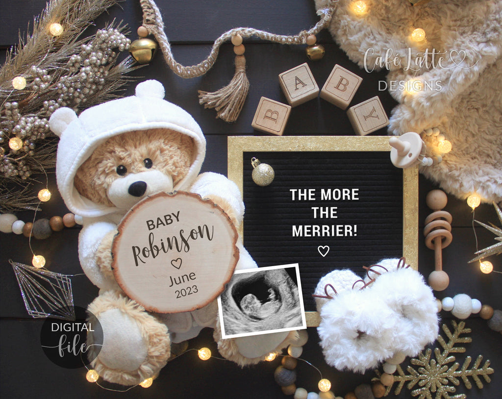 Digital Christmas Pregnancy Announcement Social Media, Black Gold Classy Baby Reveal, One More Reason to be Merry, December Winter Boho Idea