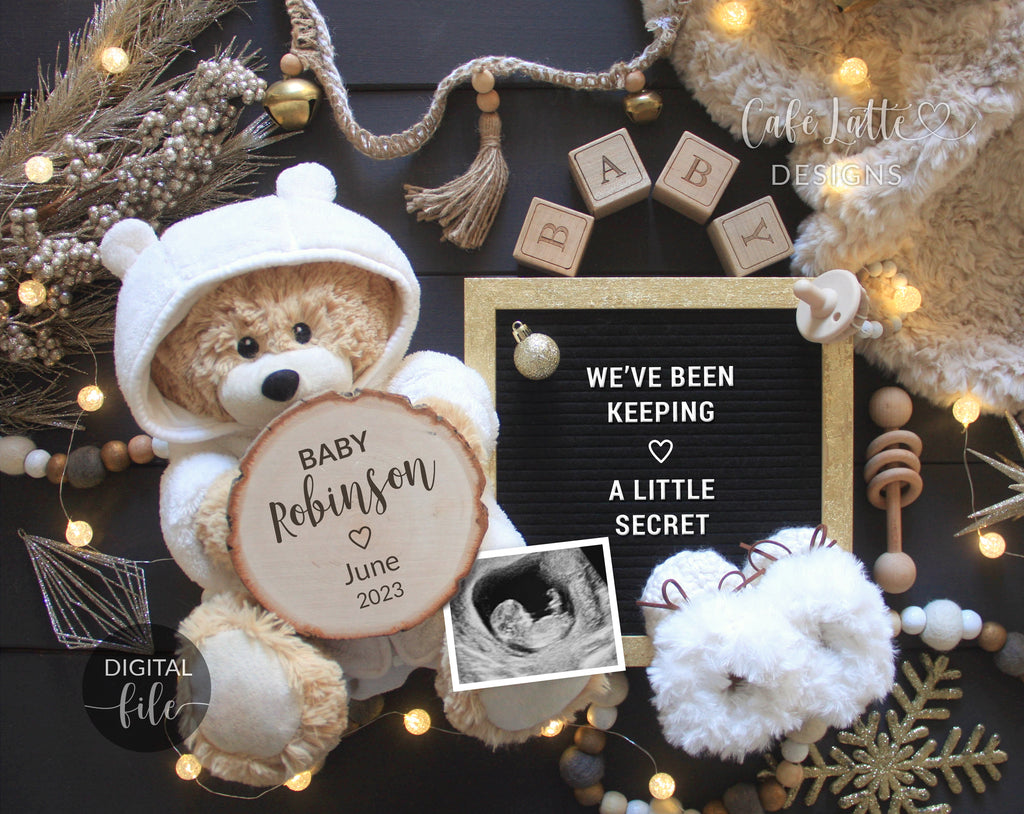 Digital Christmas Pregnancy Announcement Social Media, Black Gold Classy Baby Reveal, One More Reason to be Merry, December Winter Boho Idea