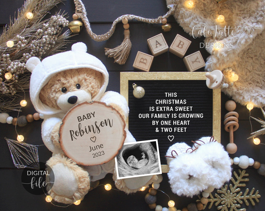 Digital Christmas Pregnancy Announcement Social Media, Black Gold Classy Baby Reveal, One More Reason to be Merry, December Winter Boho Idea