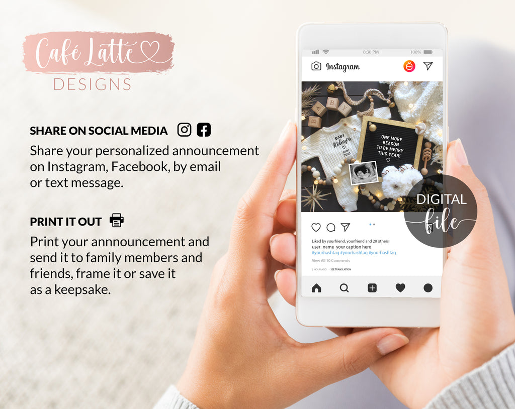 Digital Christmas Pregnancy Announcement Social Media, The More The Merrier, One More Reason to be Merry, Black Gold Winter December Baby
