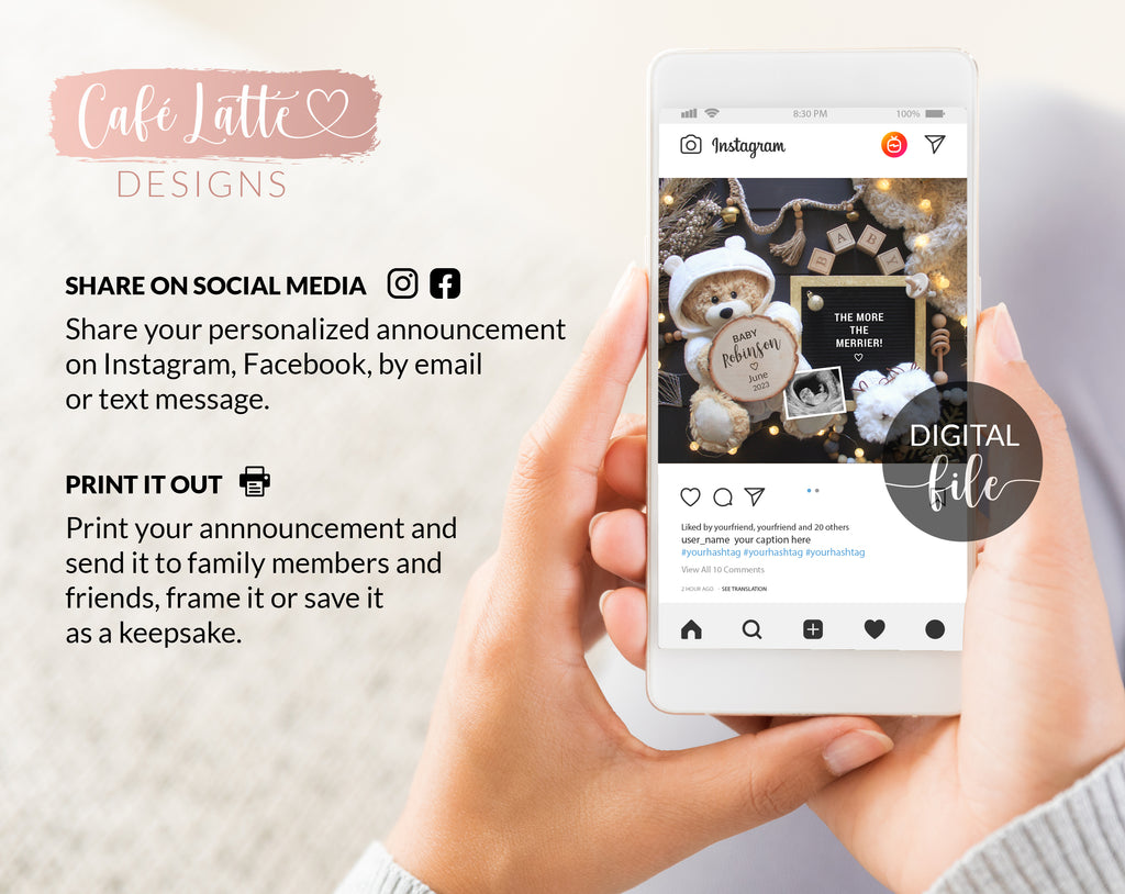 Digital Christmas Pregnancy Announcement Social Media, Black Gold Classy Baby Reveal, One More Reason to be Merry, December Winter Boho Idea