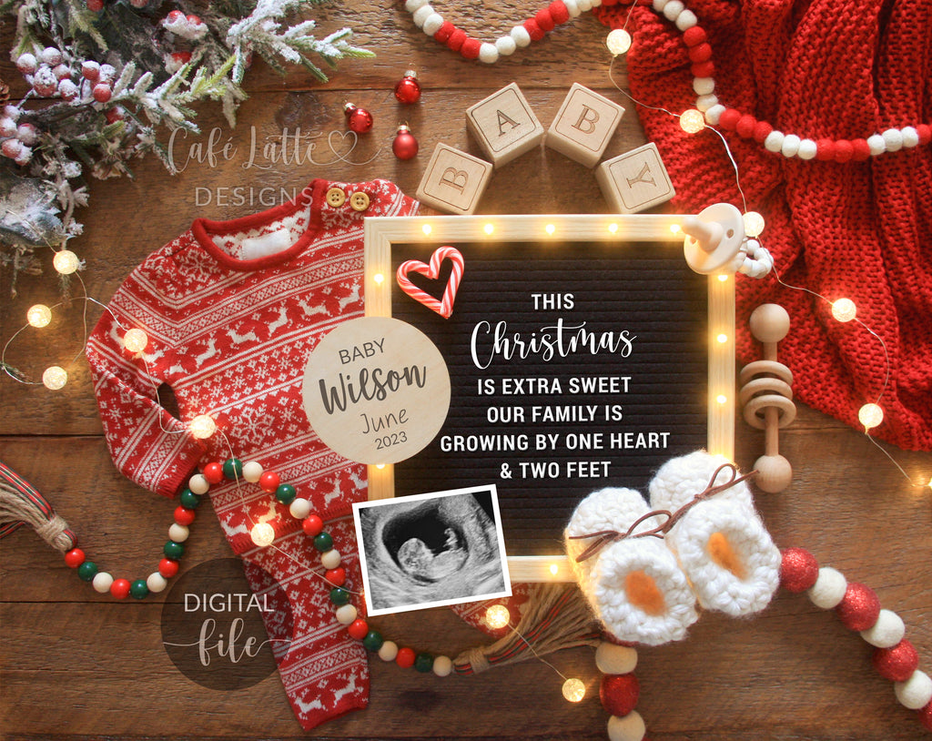 Digital Christmas Pregnancy Announcement Social Media, Family Growing By One Heart Two Feet, One More Reason to be Merry, Santa Winter Baby