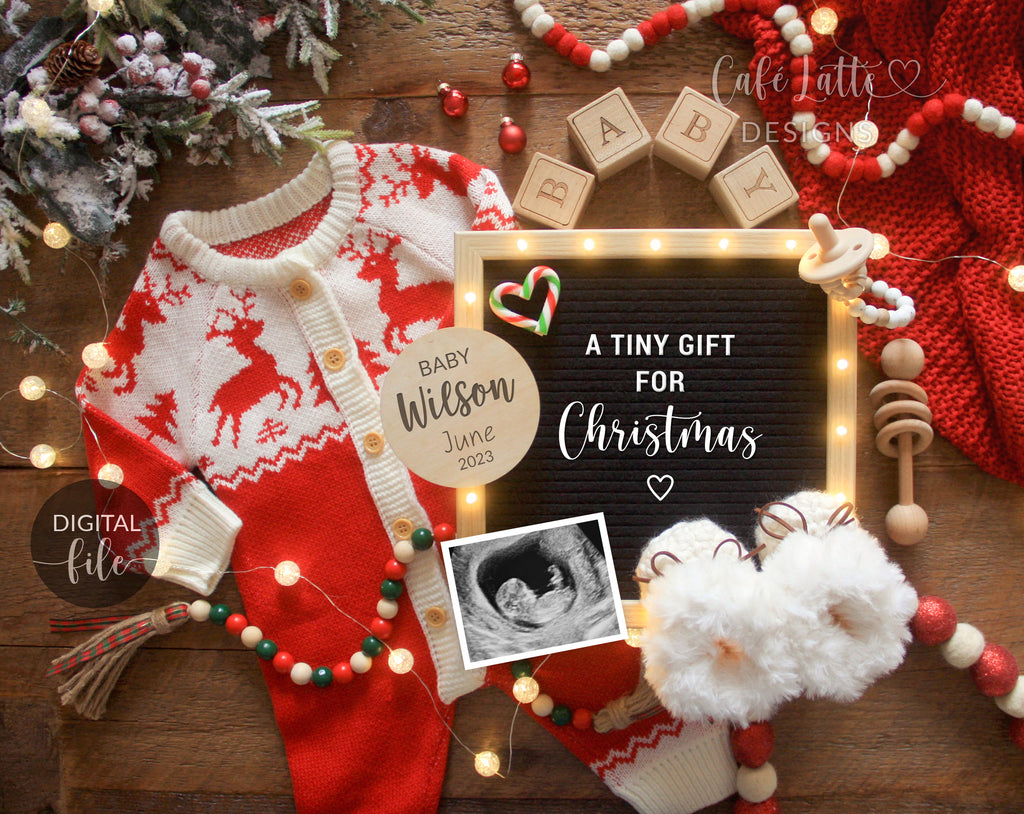 Digital Christmas Pregnancy Announcement Social Media, Santa Red And White Knit Reindeer Baby Reveal, One More Reason to be Merry, Winter