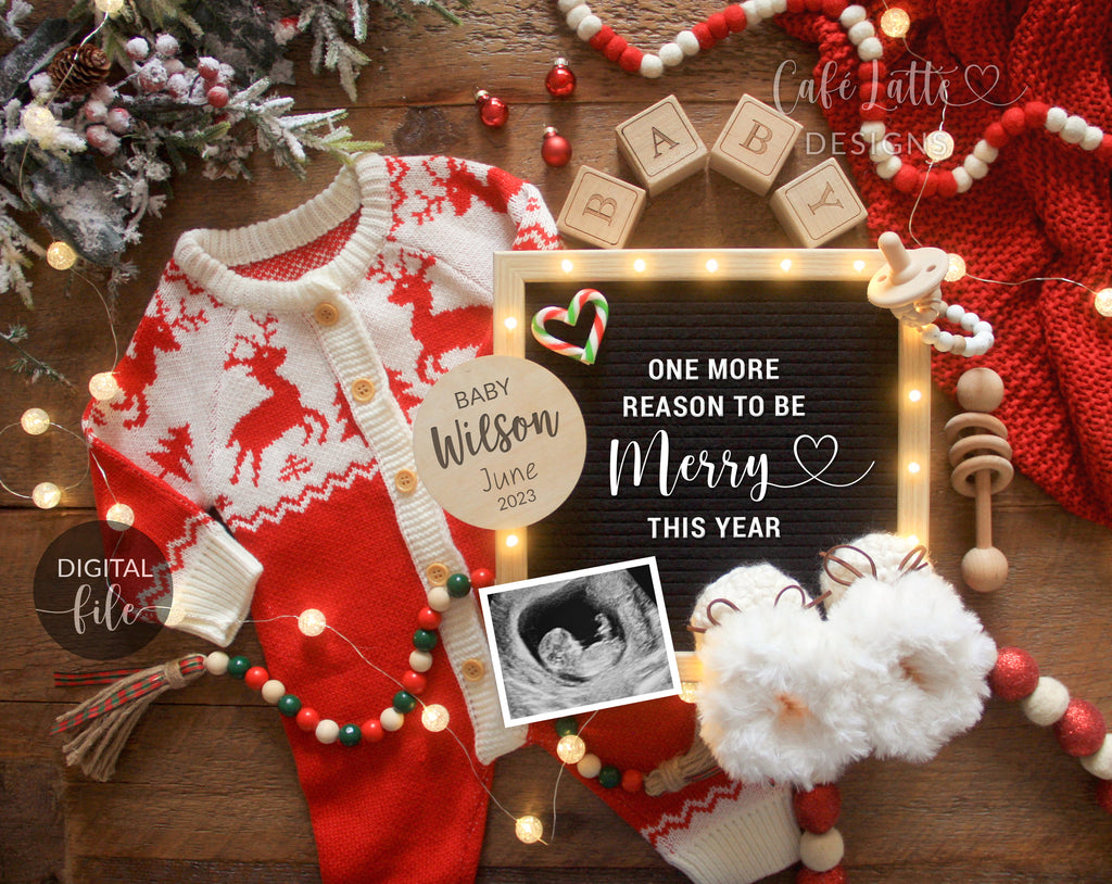 Digital Christmas Pregnancy Announcement Social Media, Santa Red And White Knit Reindeer Baby Reveal, One More Reason to be Merry, Winter