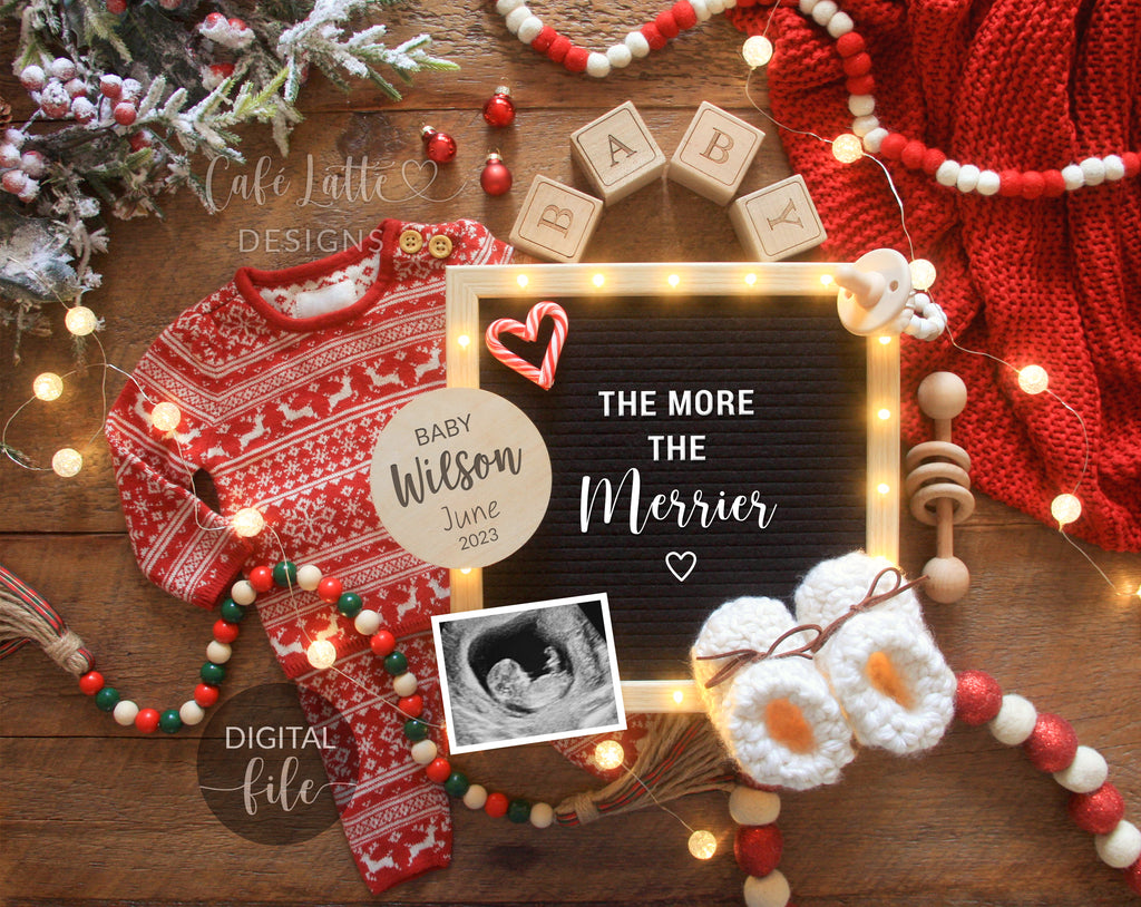 Digital Christmas Pregnancy Announcement Social Media, Family Growing By One Heart Two Feet, One More Reason to be Merry, Santa Winter Baby