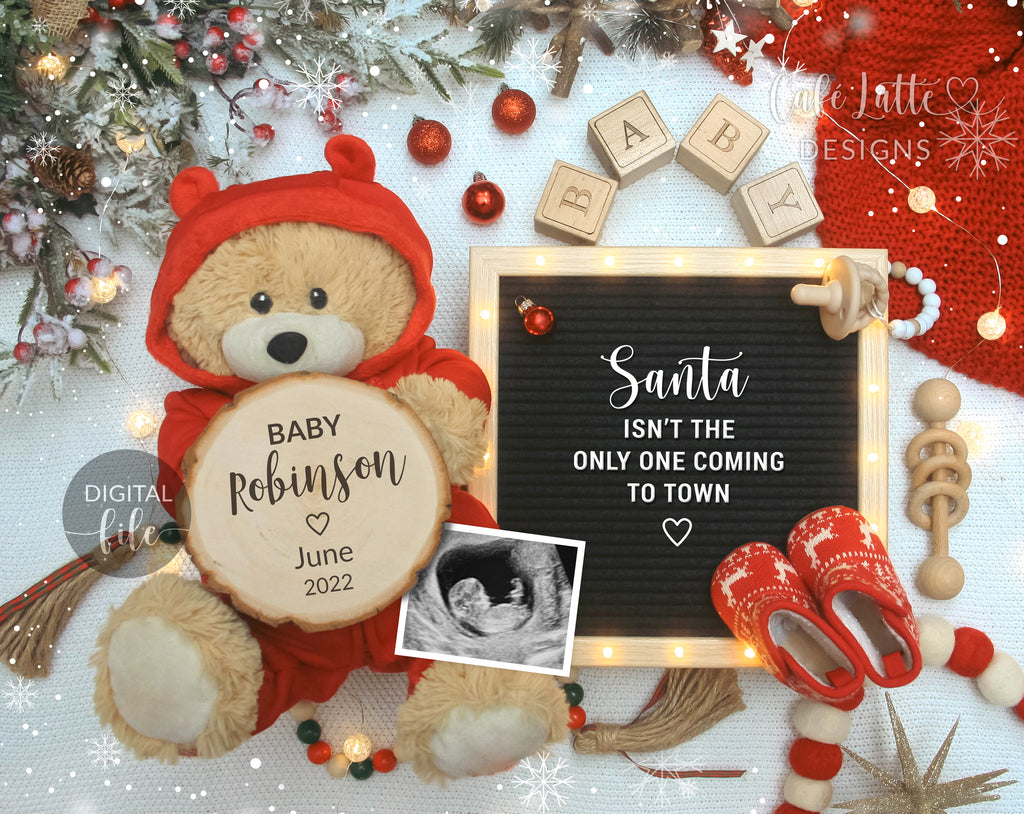 Digital Christmas Pregnancy Announcement Social Media Santa Coming To Town, Reason To Be Merry, The More The Merrier, Snowflakes Bear Winter