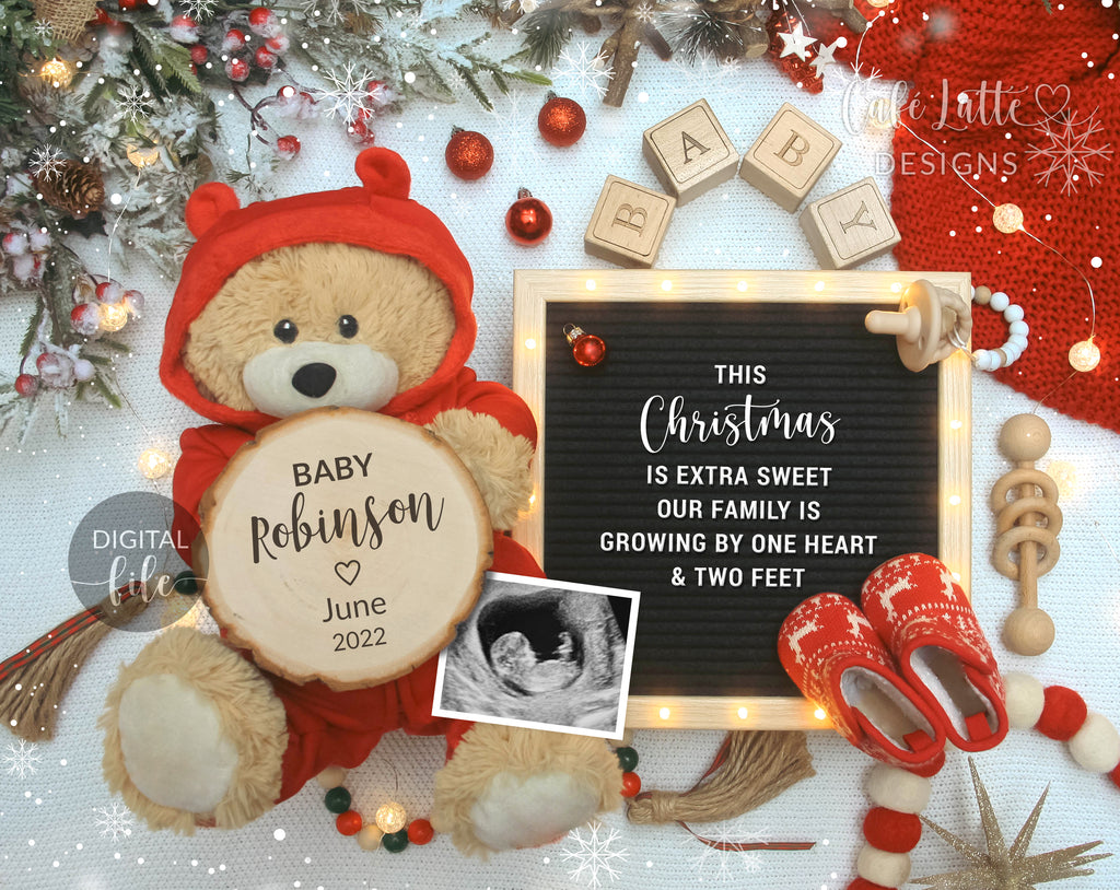 Digital Christmas Pregnancy Announcement Social Media Santa Coming To Town, Reason To Be Merry, The More The Merrier, Snowflakes Bear Winter