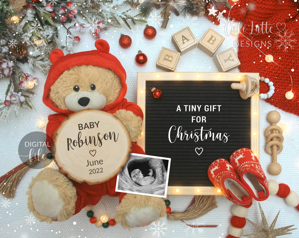 Digital Christmas Pregnancy Announcement Social Media Santa Coming To Town, Reason To Be Merry, The More The Merrier, Snowflakes Bear Winter