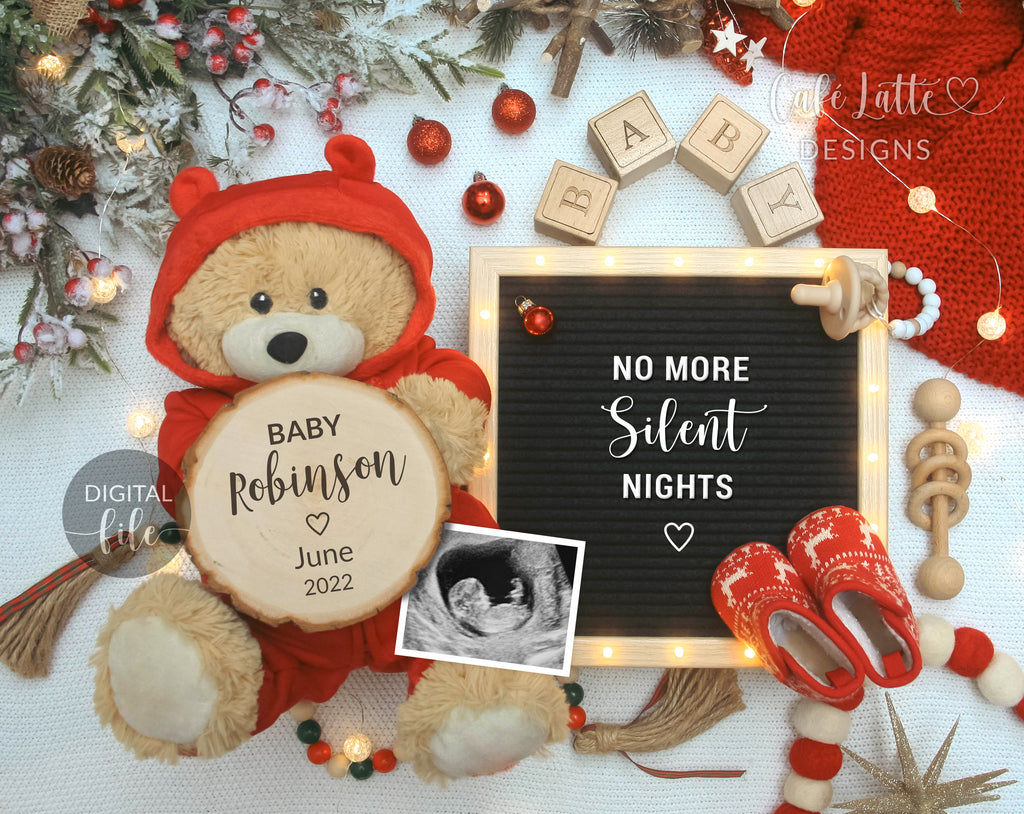 Digital Christmas Pregnancy Announcement Social Media Santa Coming To Town, Reason To Be Merry, The More The Merrier, Snowflakes Bear Winter