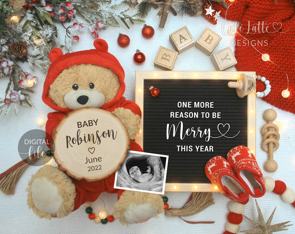 Digital Christmas Pregnancy Announcement Social Media Santa Coming To Town, Reason To Be Merry, The More The Merrier, Snowflakes Bear Winter