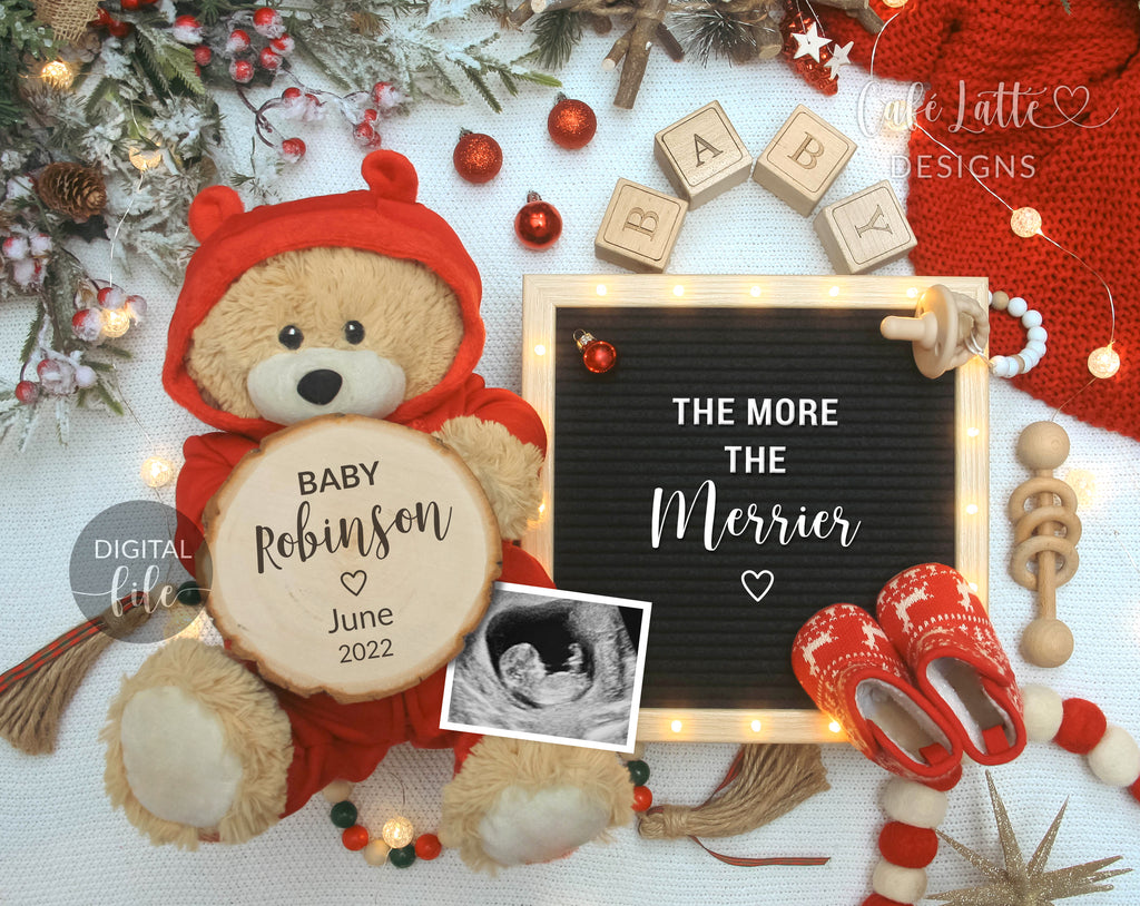 Digital Christmas Pregnancy Announcement Social Media Santa Coming To Town, Reason To Be Merry, The More The Merrier, Snowflakes Bear Winter