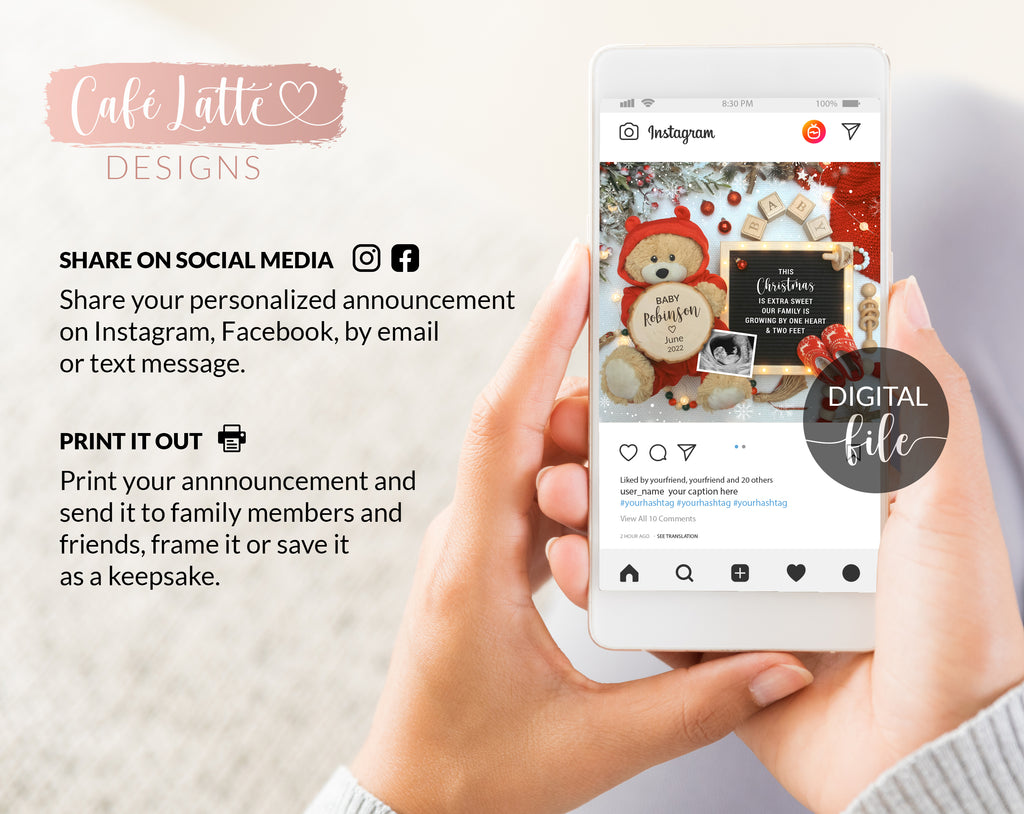 Digital Christmas Pregnancy Announcement Social Media Santa Coming To Town, Reason To Be Merry, The More The Merrier, Snowflakes Bear Winter