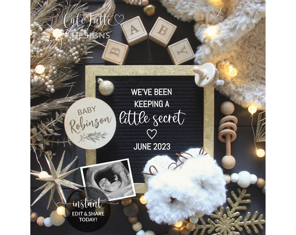 Digital Christmas Pregnancy Announcement For Social Media, Black And Gold Editable Template Letter Board, December Winter Baby, Corjl DIY