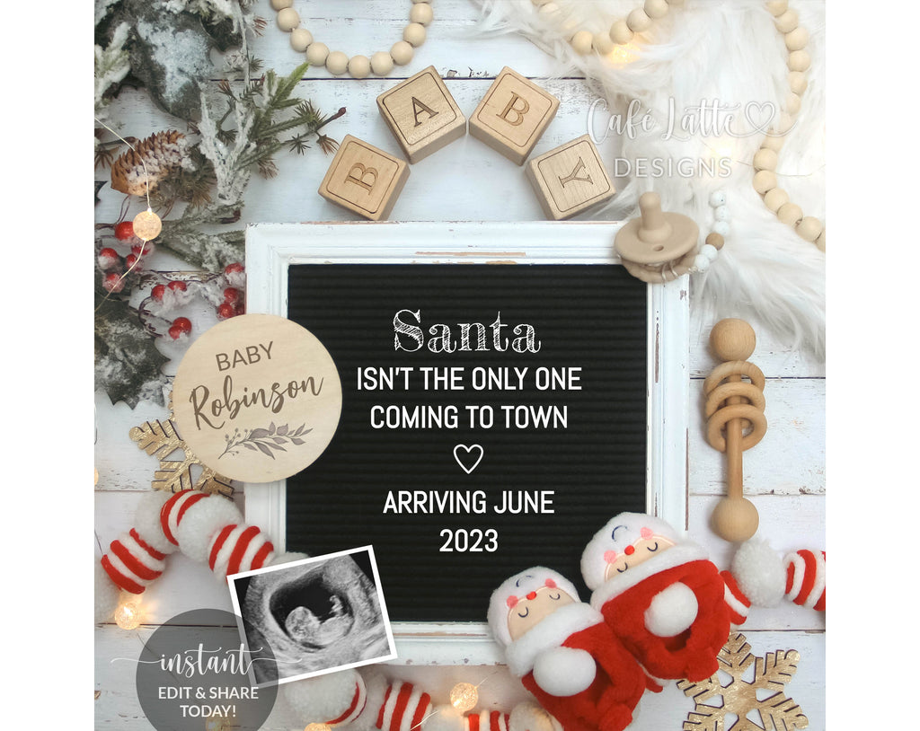 Digital Christmas Pregnancy Announcement Social Media, Santa Coming To Town Letter Board, December Winter Baby, Editable Template Corjl DIY