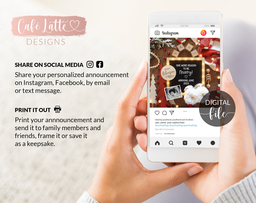 Digital Christmas Pregnancy Announcement Social Media, One More Reason to Be Merry Letter Board Editable Template, Boho Winter Baby, DIY
