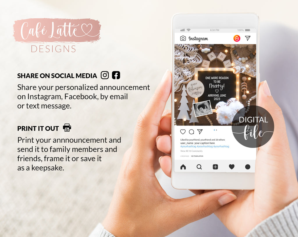 Digital Christmas Pregnancy Announcement For Social Media, Winter Neutral Boho Baby, Reason to Be Merry Letter Board, Editable Template DIY
