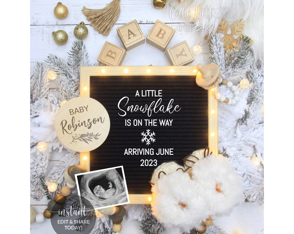 Digital Christmas Pregnancy Announcement For Social Media, Winter Little Snowflake Baby Letter Board Editable Template, Gender Neutral, DIY