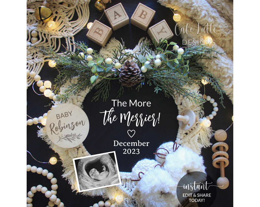 Digital Christmas Pregnancy Announcement Social Media, Neutral Boho Wreath The More The Merrier, Winter December Baby, Editable Template DIY