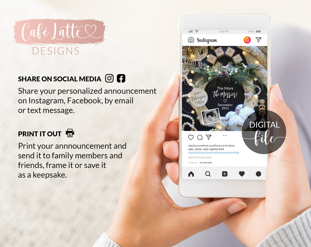 Digital Christmas Pregnancy Announcement Social Media, Neutral Boho Wreath The More The Merrier, Winter December Baby, Editable Template DIY