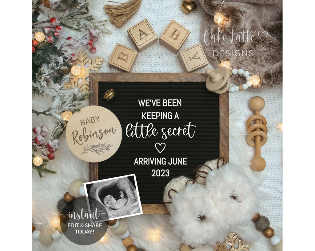 Digital Rustic Christmas Pregnancy Announcement Social Media, Editable Template Boho Letter Board, December Winter Snowflake Baby, Instant