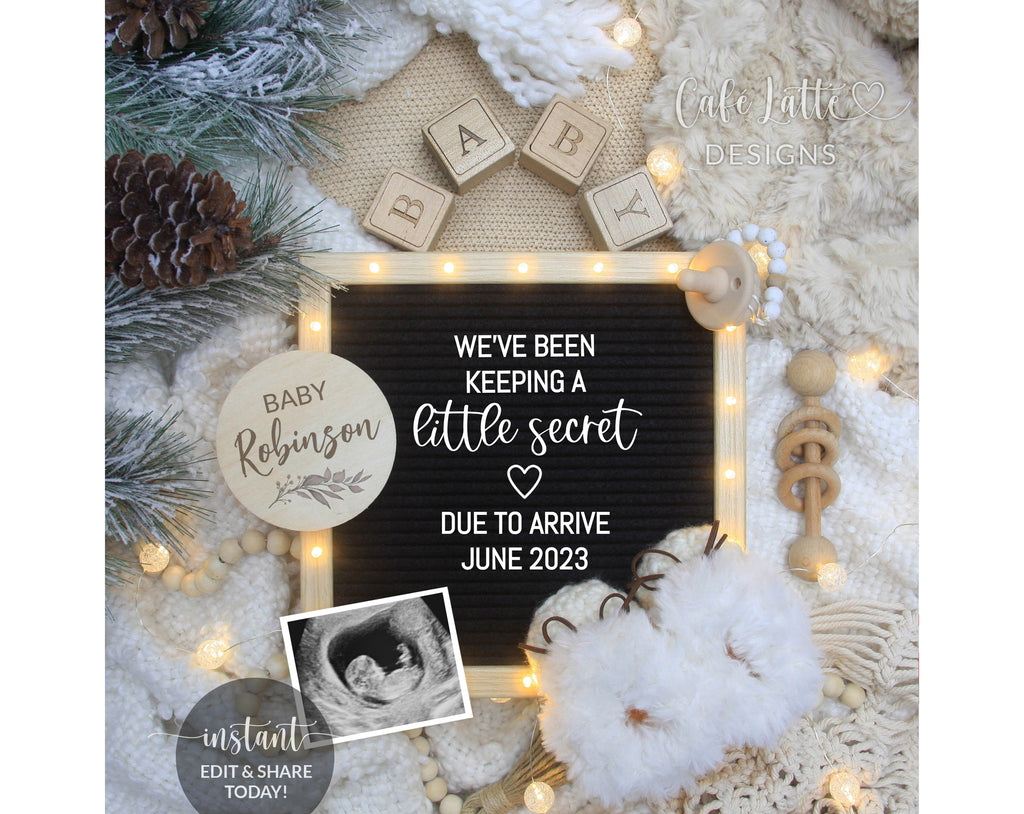 Digital Winter Pregnancy Announcement For Social Media, Boho Gender Neutral Editable Template Letter Board, December Christmas Baby, DIY