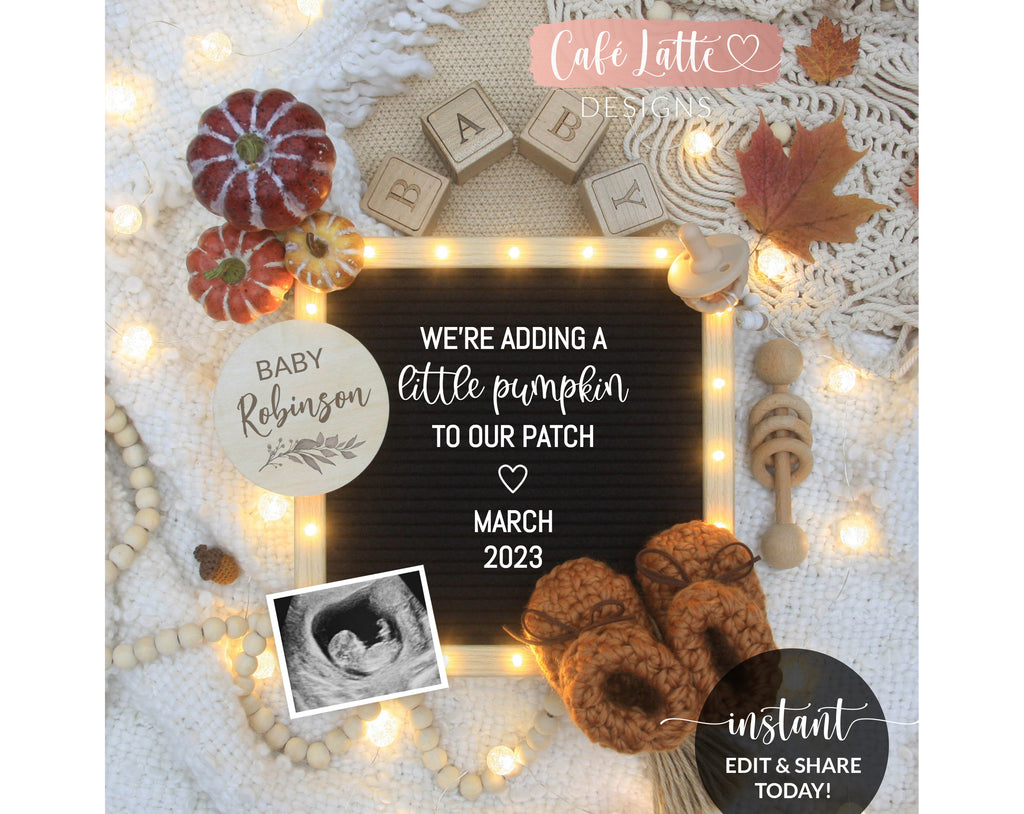 Digital Fall Boho Pregnancy Announcement Social Media, Letter Board Editable Template Adding Pumpkin to Our Patch Baby Autumn Reveal, DIY