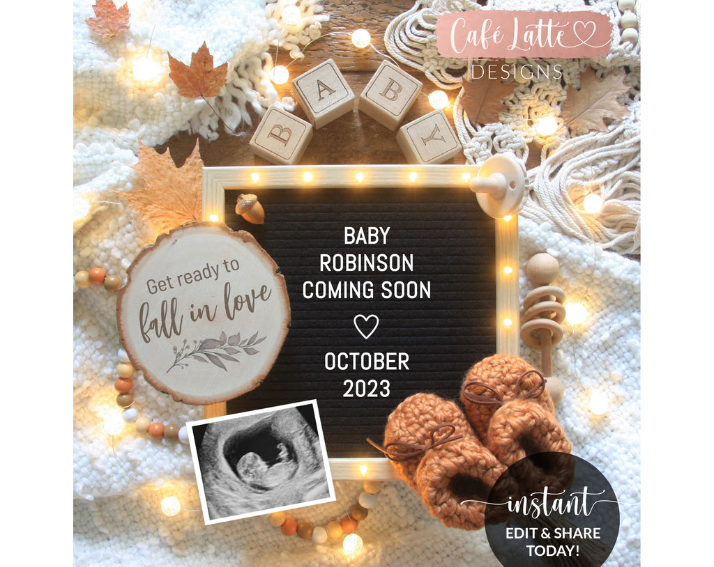 Digital Fall Boho Pregnancy Announcement For Social Media, Letter Board Editable Template Get Ready to Fall in Love Baby Reveal, DIY Corjl