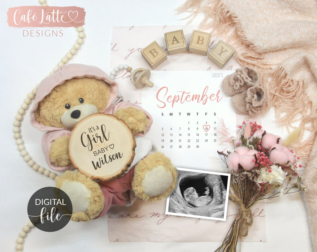 Digital Girl Pregnancy Announcement Social Media, Its a Girl, Due Date Calendar, Boho Baby Gender Reveal, Pink Flowers, Instagram Facebook