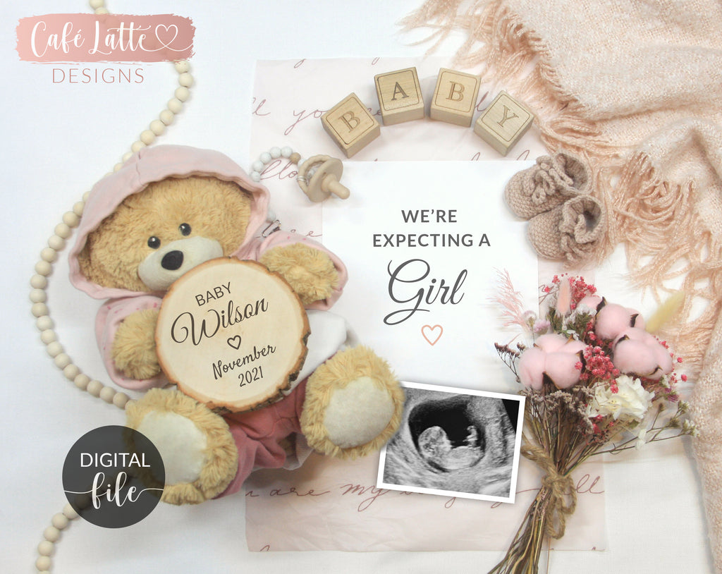 Digital Girl Pregnancy Announcement Social Media, Its a Girl, Due Date Calendar, Boho Baby Gender Reveal, Pink Flowers, Instagram Facebook