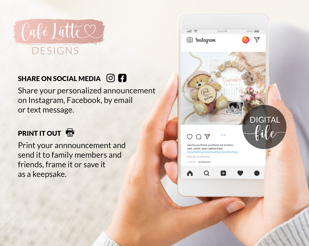 Digital Girl Pregnancy Announcement Social Media, Its a Girl, Due Date Calendar, Boho Baby Gender Reveal, Pink Flowers, Instagram Facebook
