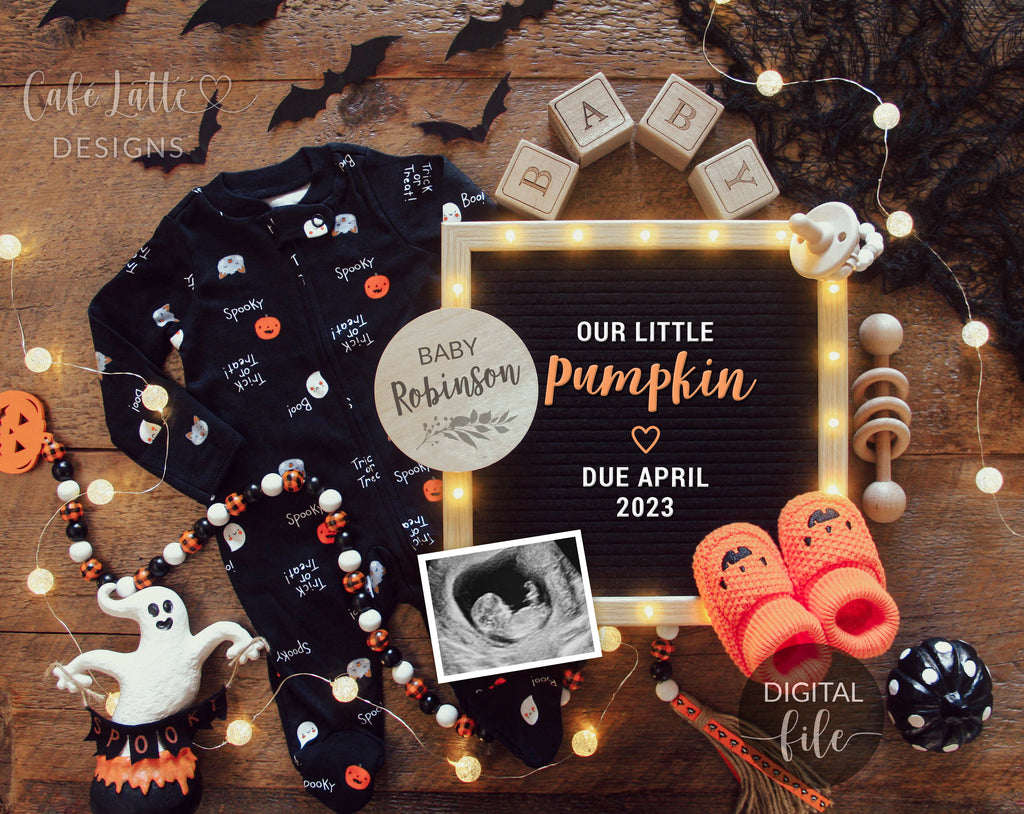 Digital Halloween Pregnancy Announcement Social Media, Family Growing By Two Little Feet, Our Little Pumpkin, Fall October Baby Instagram