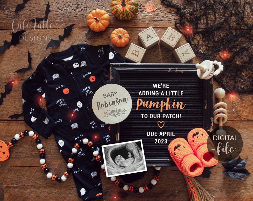 Digital Halloween Pregnancy Announcement Social Media, Peek A Boo Black Letter Board, Family Growing By Two Feet Fall October Baby Instagram