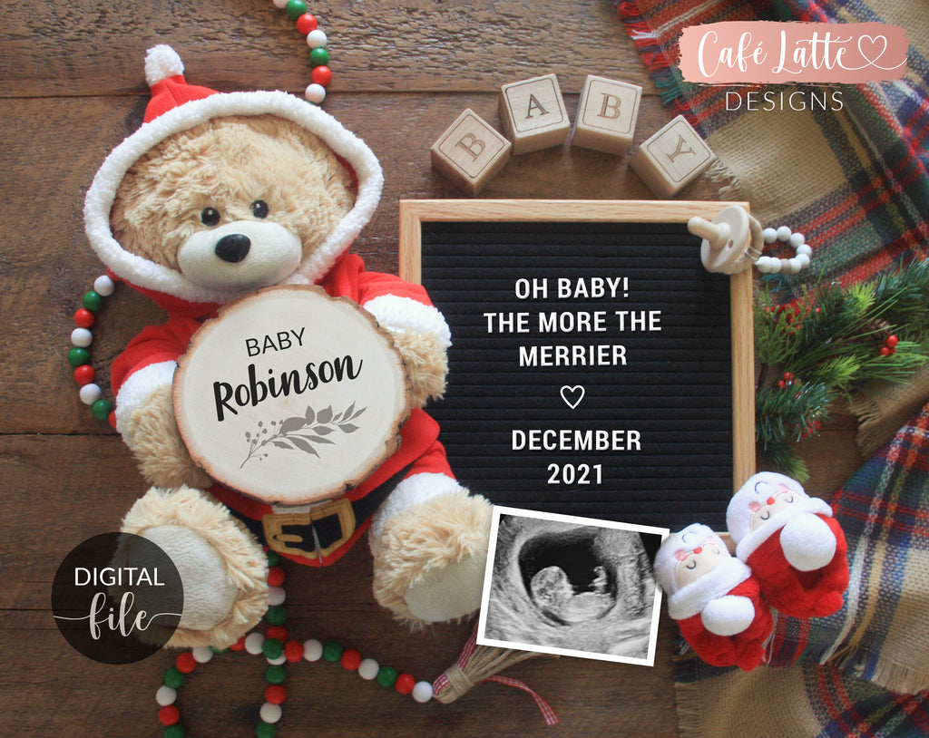 Digital Pregnancy Announcement Social Media, Santa Christmas December Baby Reveal Buffalo Plaid, A Little Snowflake, The More The Merrier