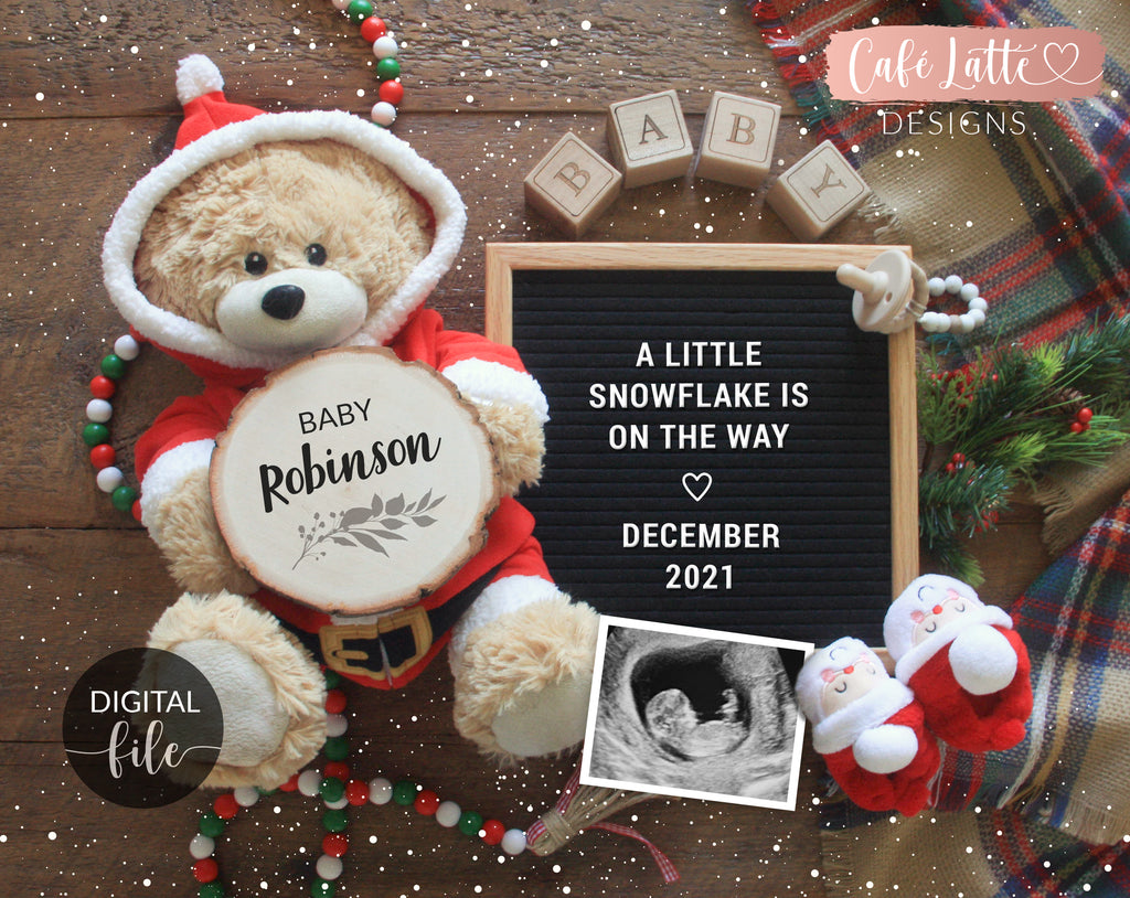 Digital Pregnancy Announcement Social Media, Santa Christmas December Baby Reveal Buffalo Plaid, A Little Snowflake, The More The Merrier