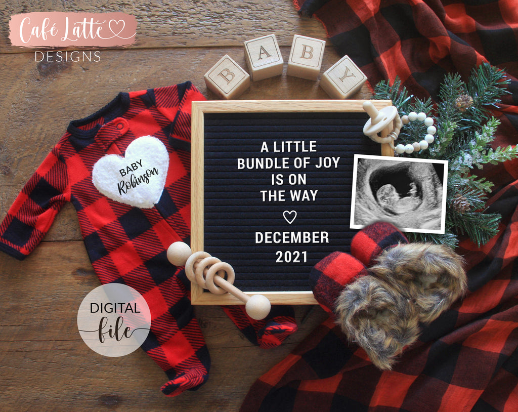 Digital Pregnancy Announcement Social Media, Winter Christmas December Baby Reveal Buffalo Plaid, A Little Snowflake, Our Greatest Adventure