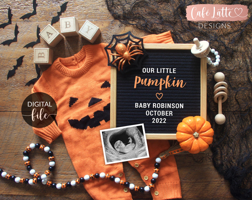 Digital Halloween Pregnancy Announcement for Social Media, Adding a Pumpkin to our Patch Letter Board, Family Growing By Two Feet, Instagram