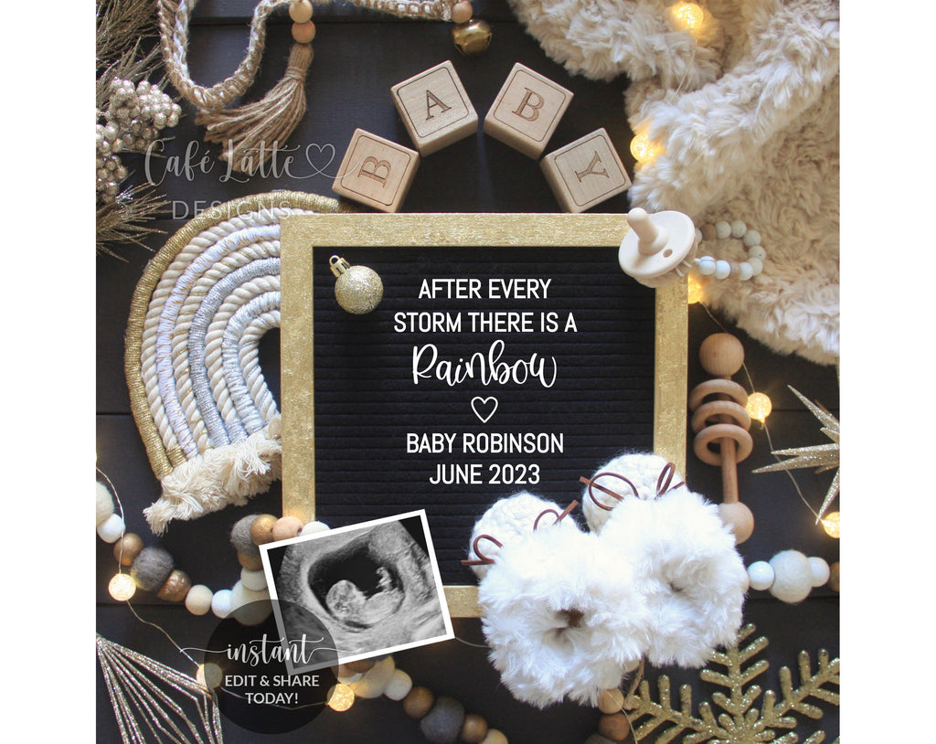 Digital Christmas Rainbow Baby Pregnancy Announcement Social Media, Black Gold Christmas Letter Board Baby Reveal Editable Template, DIY