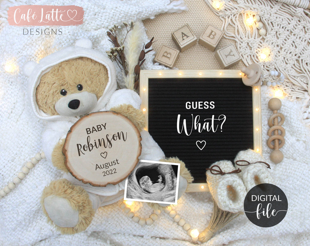 Pregnancy Announcement Digital Gender Neutral Boho Reveal For Social Media, Baby Announcement Digital Image With Letter Board and Teddy Bear, Guess what