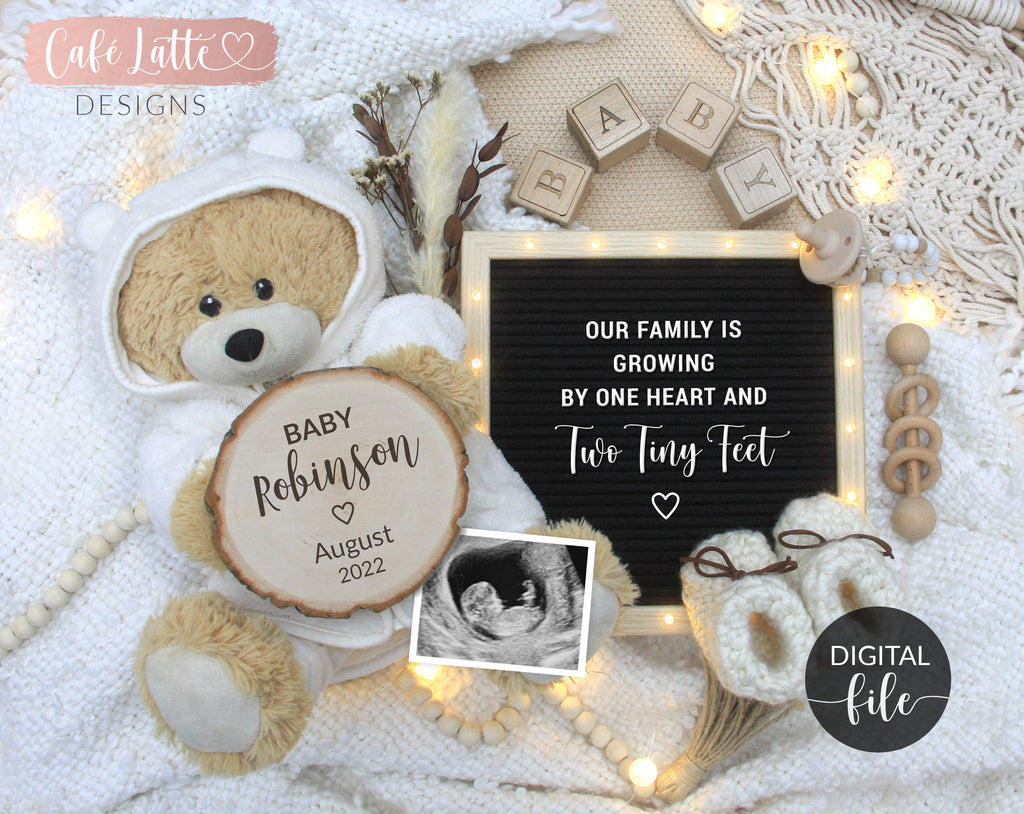 Pregnancy Announcement Digital Gender Neutral Boho Reveal For Social Media, Baby Announcement Digital Image With Letter Board and Teddy Bear, Growing By One Heart and Two Tiny Feet