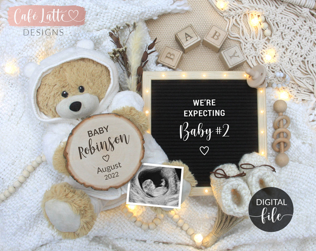 Pregnancy Announcement Digital Gender Neutral Boho Reveal For Social Media, Baby Announcement Digital Image With Letter Board and Teddy Bear, Expecting Baby 2