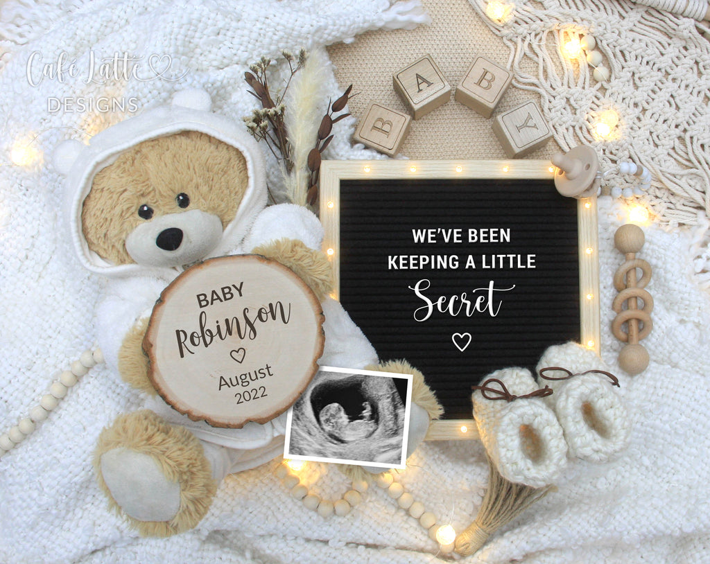 Pregnancy Announcement Digital Gender Neutral Boho Reveal For Social Media, Baby Announcement Digital Image With Letter Board and Teddy Bear, Keeping A Little Secret