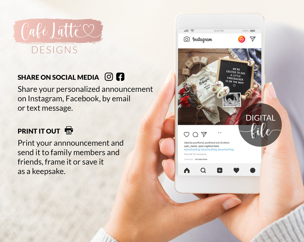 Digital Pregnancy Announcement Social Media, Fourth of July Baby, Red White & Blue Little Firecracker is Due, Letter Board, Instagram, USA
