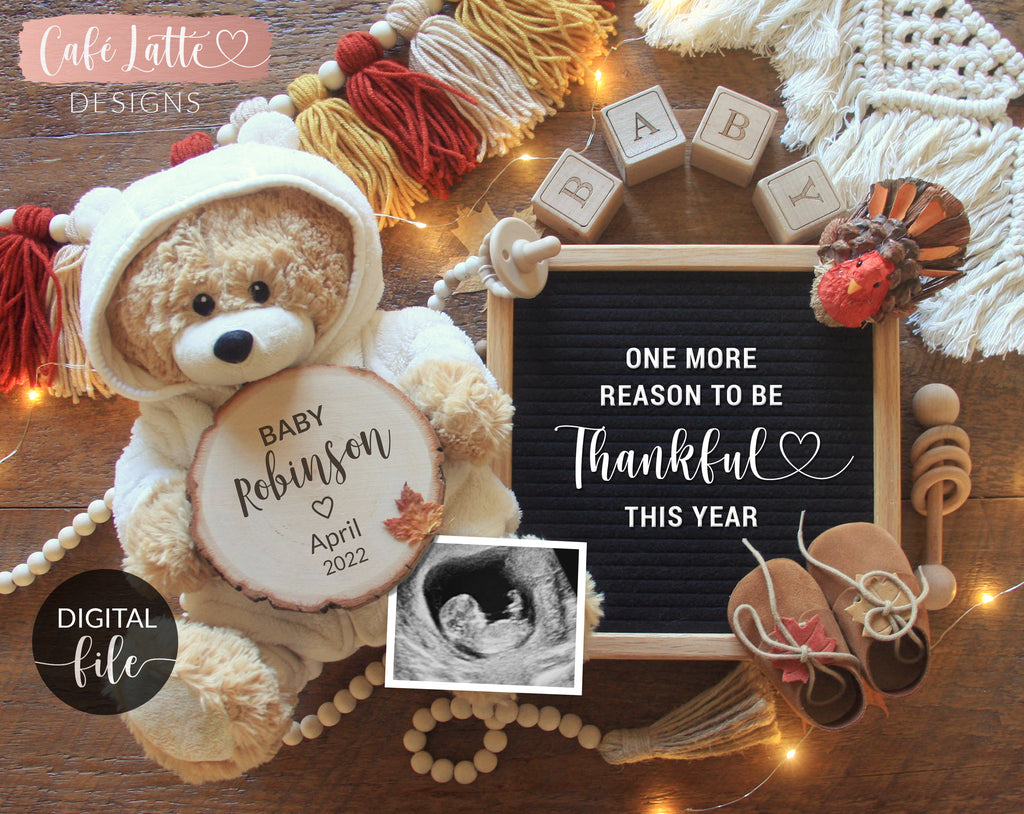 Digital pregnancy announcement for social media Thanksgiving little turkey letter board boho fall autumn one more reason to be thankful this year