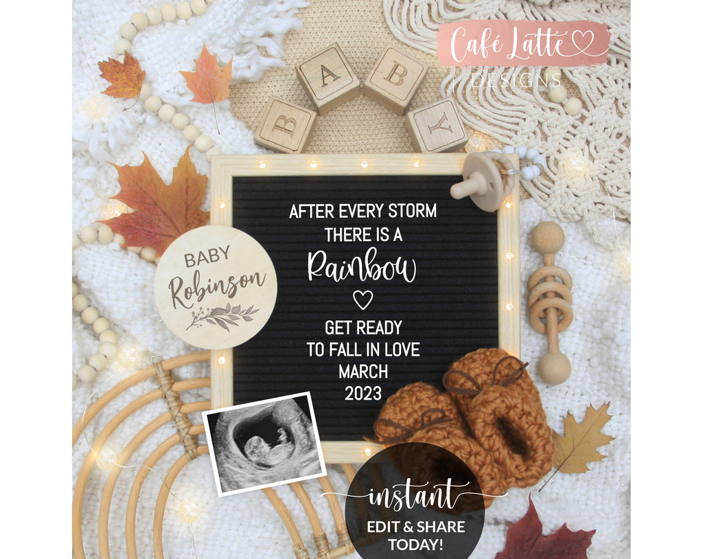 Digital Fall Rainbow Baby Pregnancy Announcement For Social Media, After Every Storm There is a Rainbow Autumn Letter Board Boho Baby Reveal with Leaves